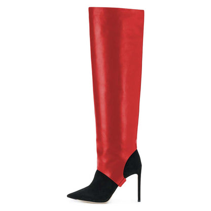 Red and Black Stiletto Heel Pointed Toe Knee High Boots for Women