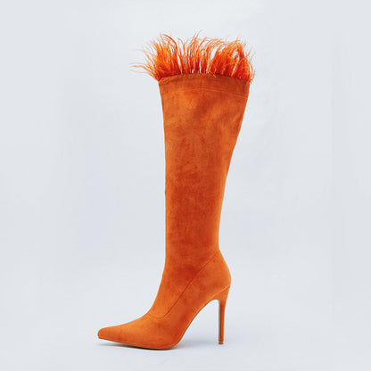 Orange Pointed Toe Stiletto Heel Side Zip Feather Knee High Boots