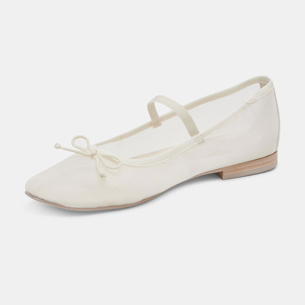 FSJ Comfortable White Mesh Round Toe Bow Decor Ballet Flats