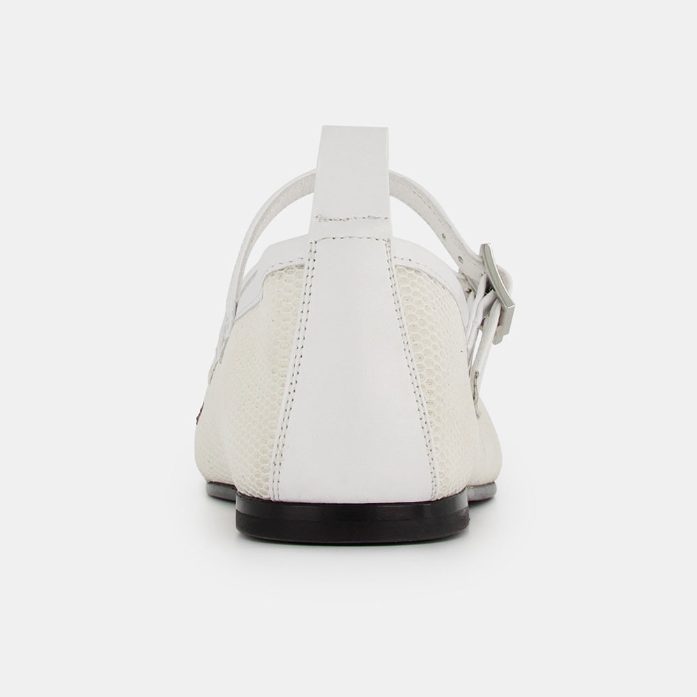 White Mesh Closed Toe Mary Jane Flats with Beads & Sequins Flowers