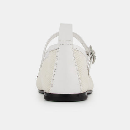 White Mesh Closed Toe Mary Jane Flats with Beads & Sequins Flowers