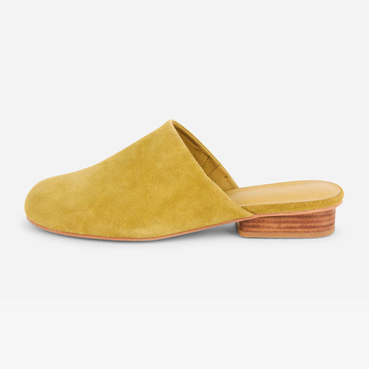 Vegan Suede Round Toe Chunky Heel Mule Shoes for Women in Yellow