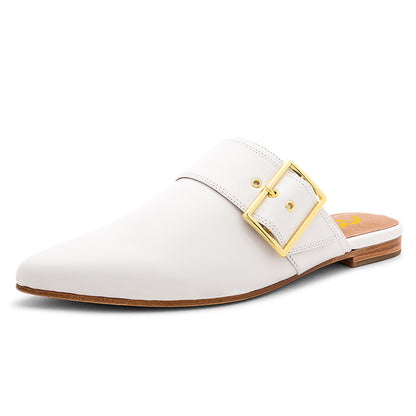 White Pointed Toe Buckle Comfortable Flat Mules for Women