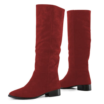 Red Vegan Suede Pointed Toe Chunky Heel Knee High Boots for Women