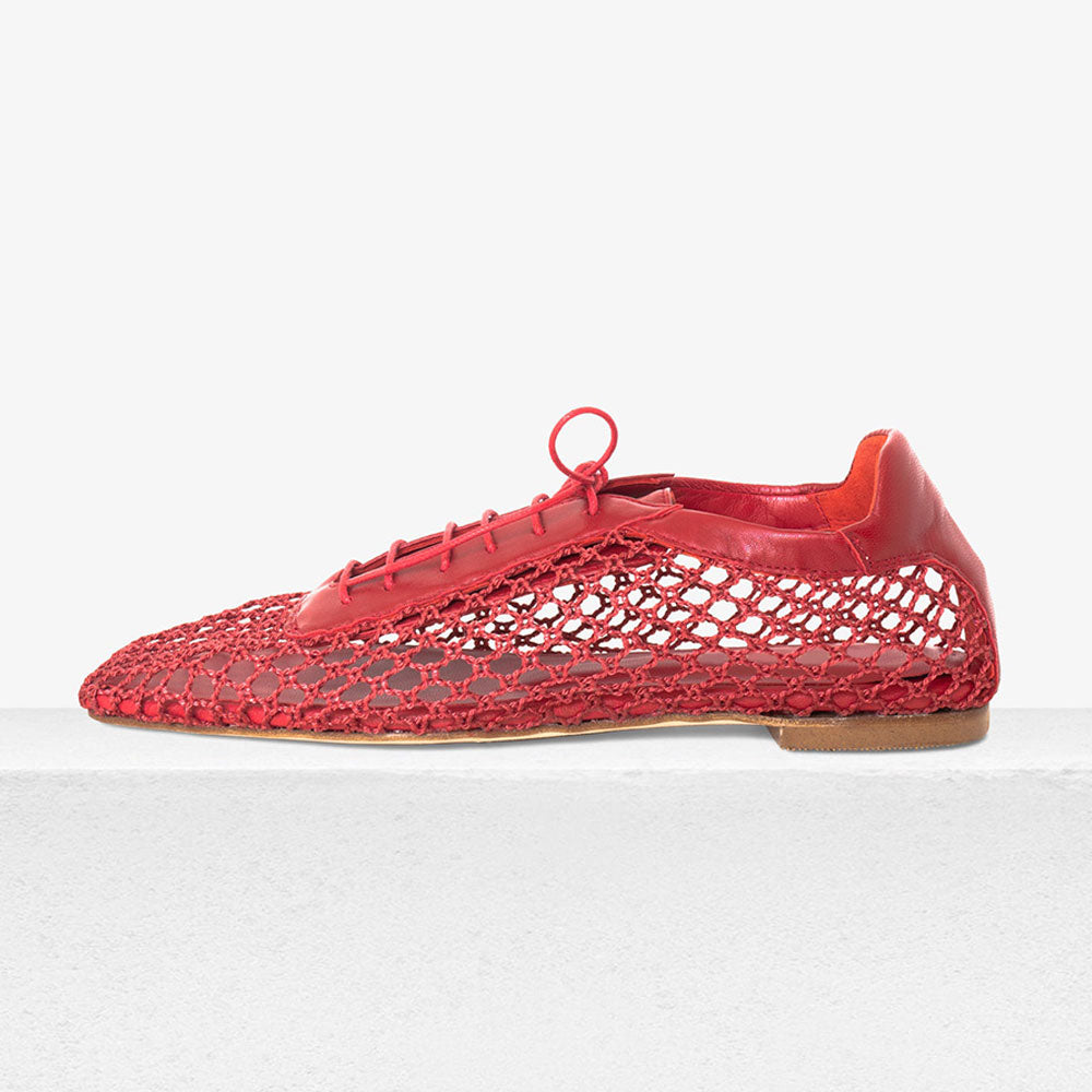 Red Mesh Sophisticated Square Toe Flats Woven Lace-Up Shoes