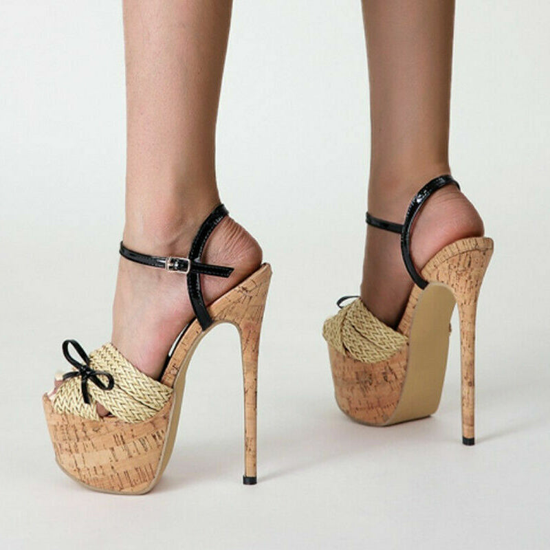 Beige & Black Woven Strap Platform Heels Ankle Strap Bow Sandals