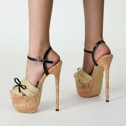 Beige & Black Woven Strap Platform Heels Ankle Strap Bow Sandals