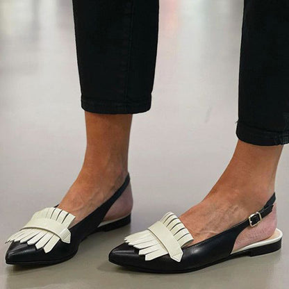 Black Pointed Toe White Fringe Embellished Slingback Flats