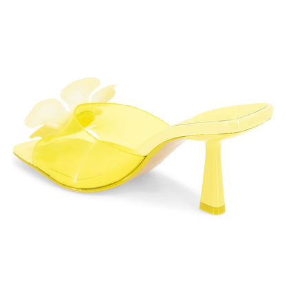 Yellow Floral Embellished Mule Open Toe Clear High Heels Sandals