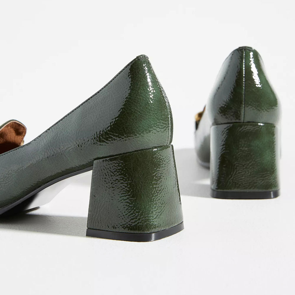 Vintage Green Square Toe Chunky Heel Slip-On Horsebit Loafers