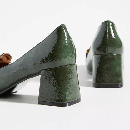 Vintage Green Square Toe Chunky Heel Slip-On Horsebit Loafers