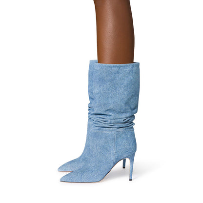 Blue Denim Pointed Toe Stiletto Heel Mid Calf Boots