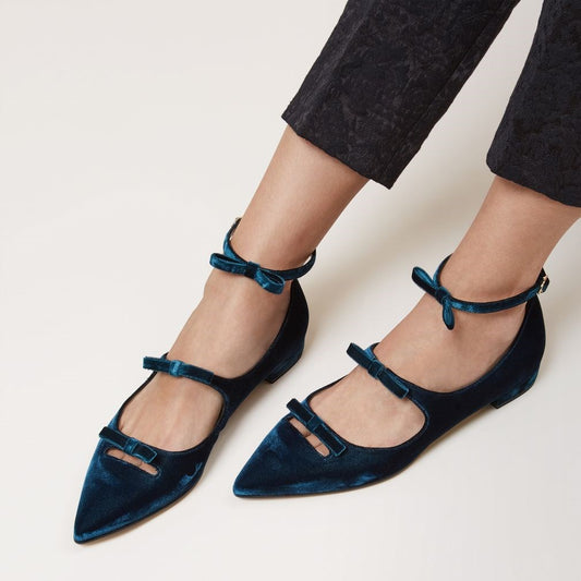 Teal Velvet Bows Embellished Pointed Toe Ankle Strap Mary Jane Flats