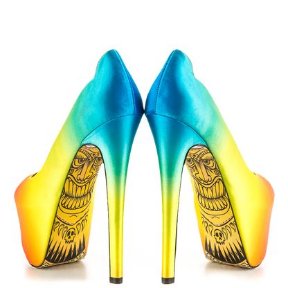 Women's Multicolor Satin Peep Toe Platform Pumps with Printed Outsole