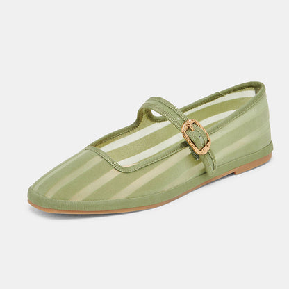 Classic Green Mesh Round Toe Stripes Buckle Strap Flats By FSJ