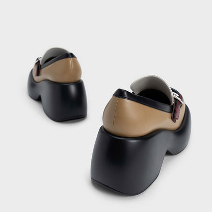 Multicolor Square Toe Buckled Platform Loafers for Women