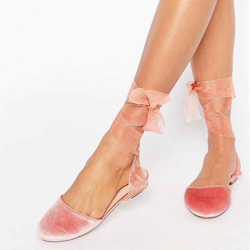 Pink Velvet Round Toe Comfortable Flats Organza Strappy Shoes