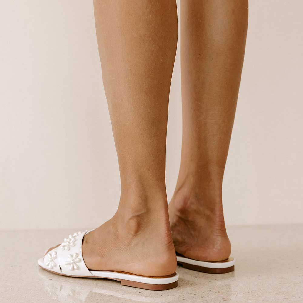 White Satin Square Toe Flat Pearl Inlay Slippers