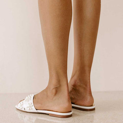 White Satin Square Toe Flat Pearl Inlay Slippers