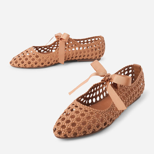 Tan Vegan Leather Cut-Out Closed-Toe Woven Flat Shoes Women