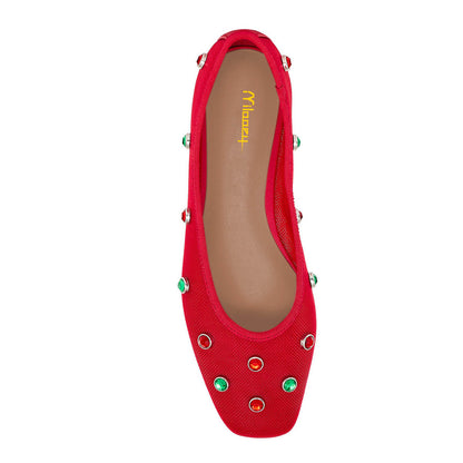 Women's Red Square Toe Mesh Ballet Flats with Colorful Studs