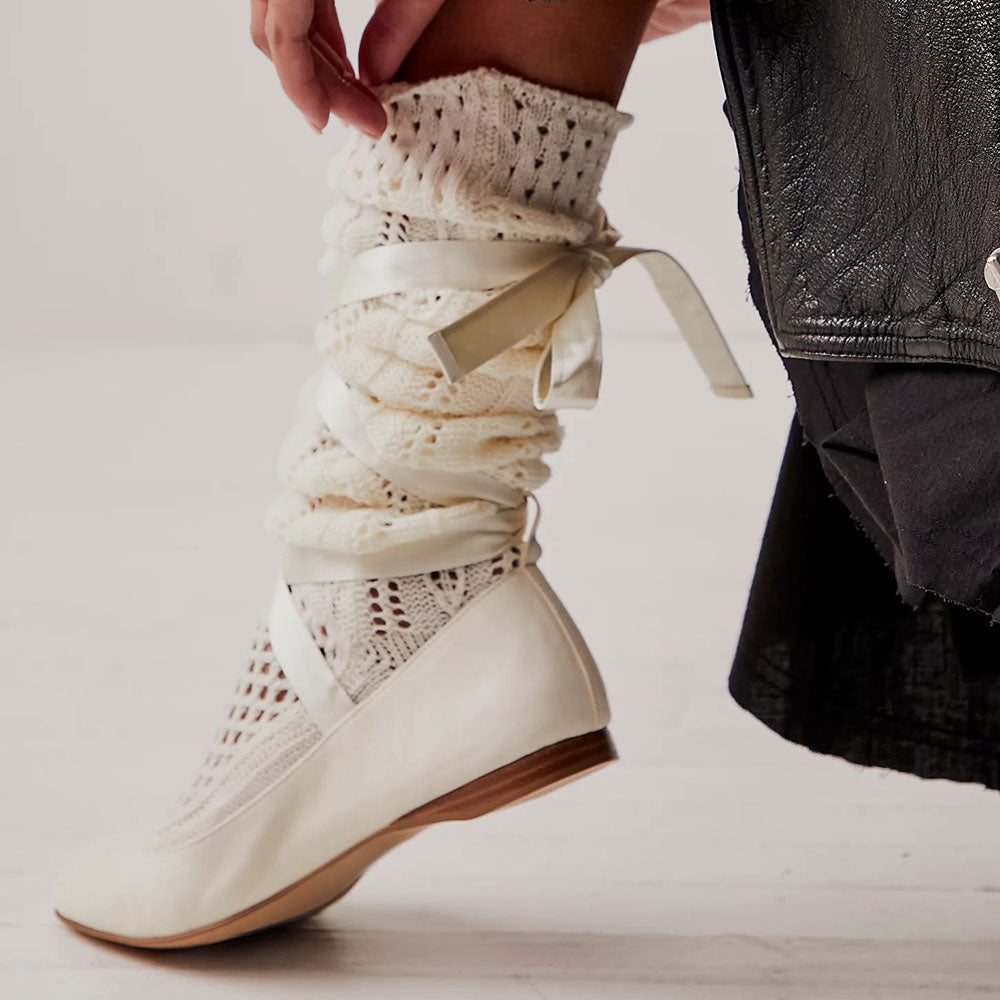 Ivory Vegan Leather Square Toe Lace-Up Ribbon Ballet Flats