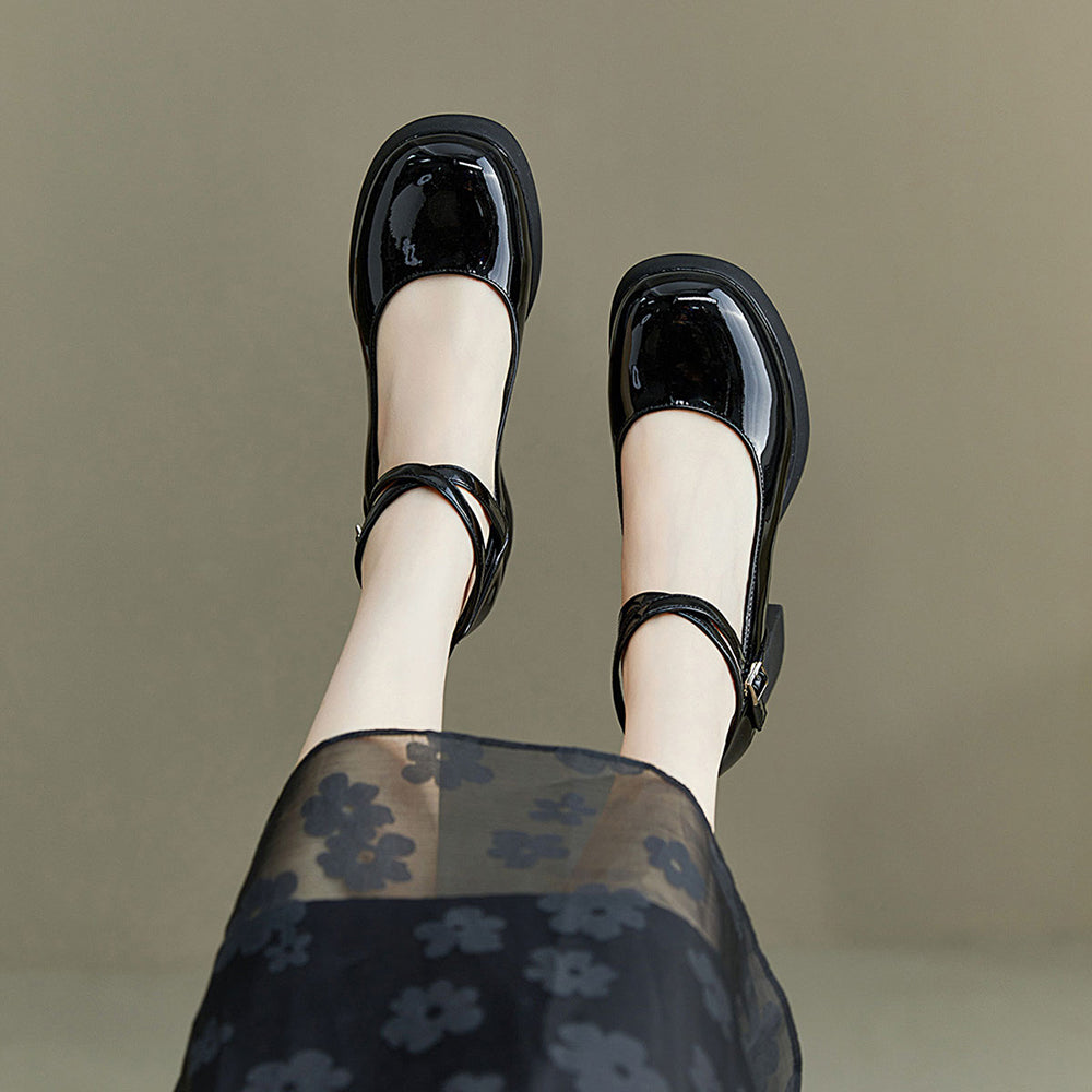 Black Closed Toe Chunky Heel Platform Ankle Strap Loafers