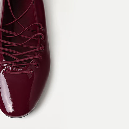 Burgundy Patent Leather Round Toe Lace-Up Ballet Flats with Straps