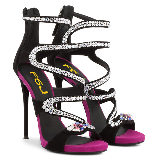 Black & Fuchsia Vegan Suede Rhinestone Snake Strappy Stiletto Heels