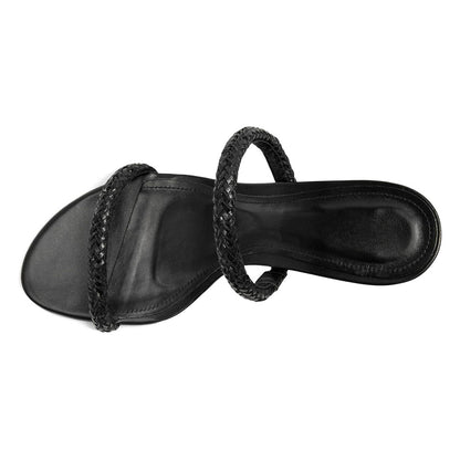 Women's Stylish Black Open Round Toe Braided Decor Mule Heels