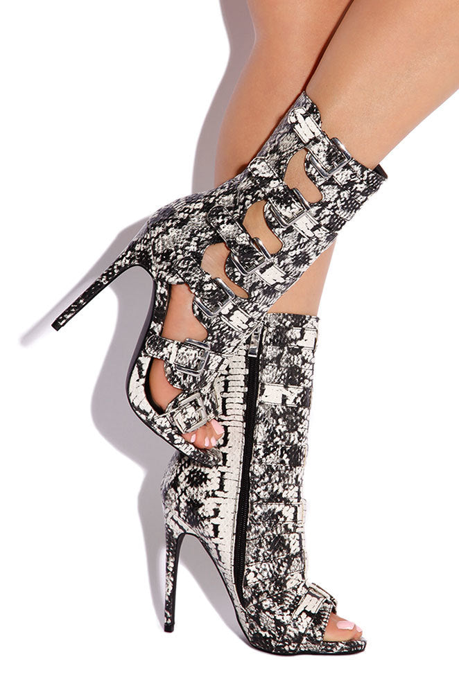 Black & White Python Peep Toe Cut-Out Buckle Heeled Ankle Boots
