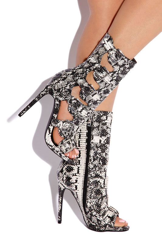 Black & White Python Peep Toe Cut-Out Buckle Heeled Ankle Boots
