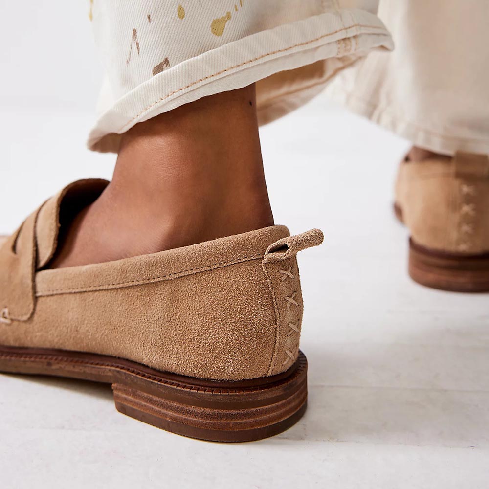 Beige Faux Suede Round Toe Low Chunky Heel Loafers