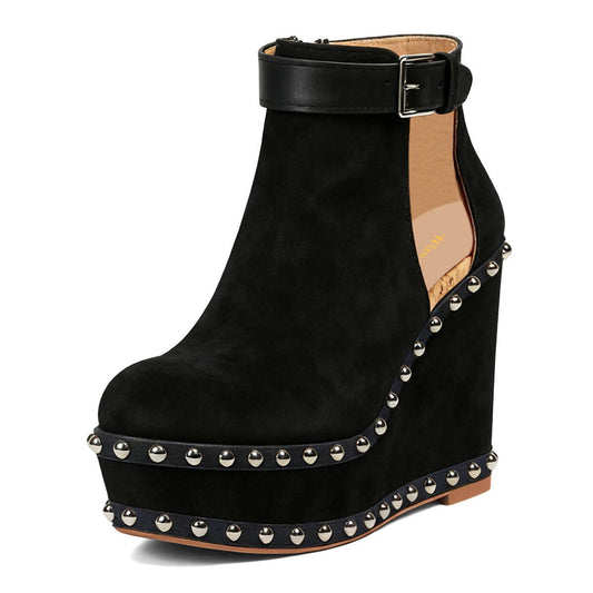 Black Studded Wedge Heel Cutout Platform Ankle Boots with Zipper