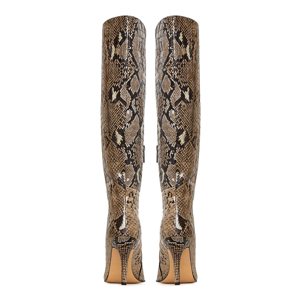 Snakeskin Embossed Stiletto Heel Pointed Toe Knee High Boots