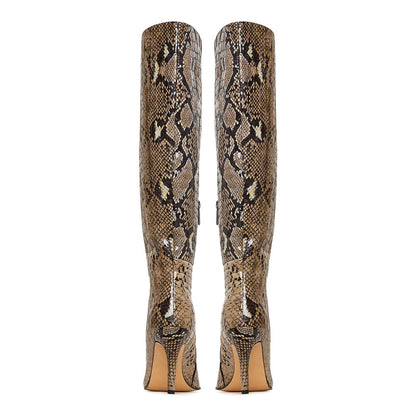 Snakeskin Embossed Stiletto Heel Pointed Toe Knee High Boots