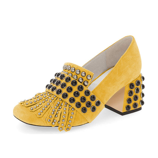 Yellow Vegan Suede Fringe Studs Block Heel Pumps