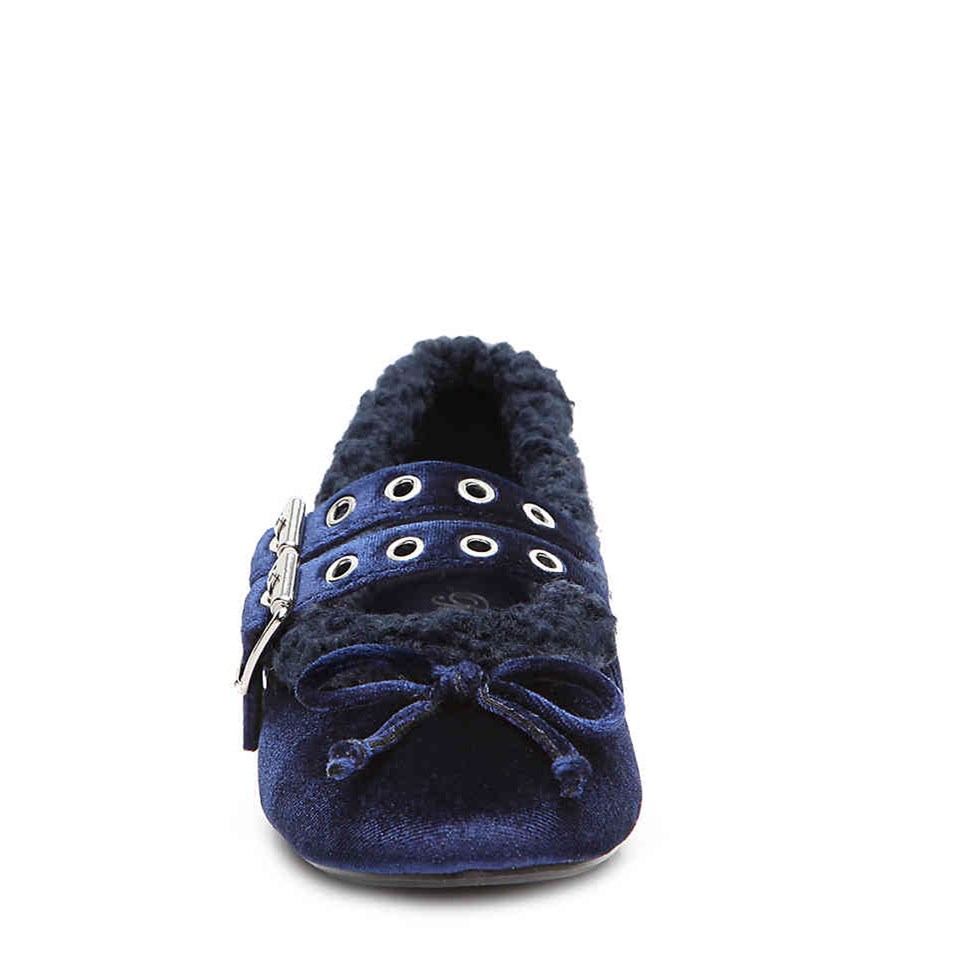 FSJ Velvet Faux Fur Lined Comfy Ballet Flats in Navy Blue