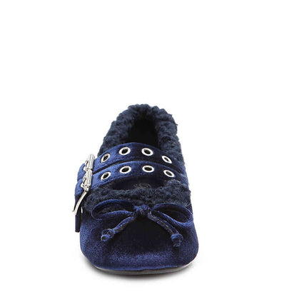 FSJ Velvet Faux Fur Lined Comfy Ballet Flats in Navy Blue