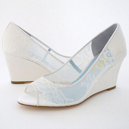 Women's Elegant White Lace Wedding Shoes Peep Toe Wedge Pumps