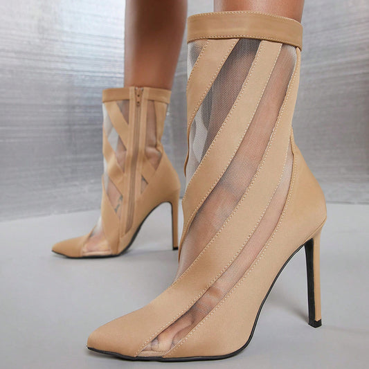 Beige Satin Pointed Toe 4'' Stiletto Heel Patchwork Ankle Boots