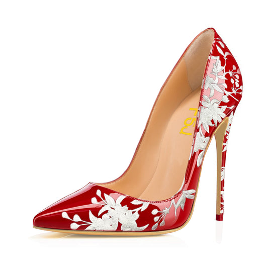 Women's Chic Red Patent Leather Floral Pattern Stiletto Heels Pumps