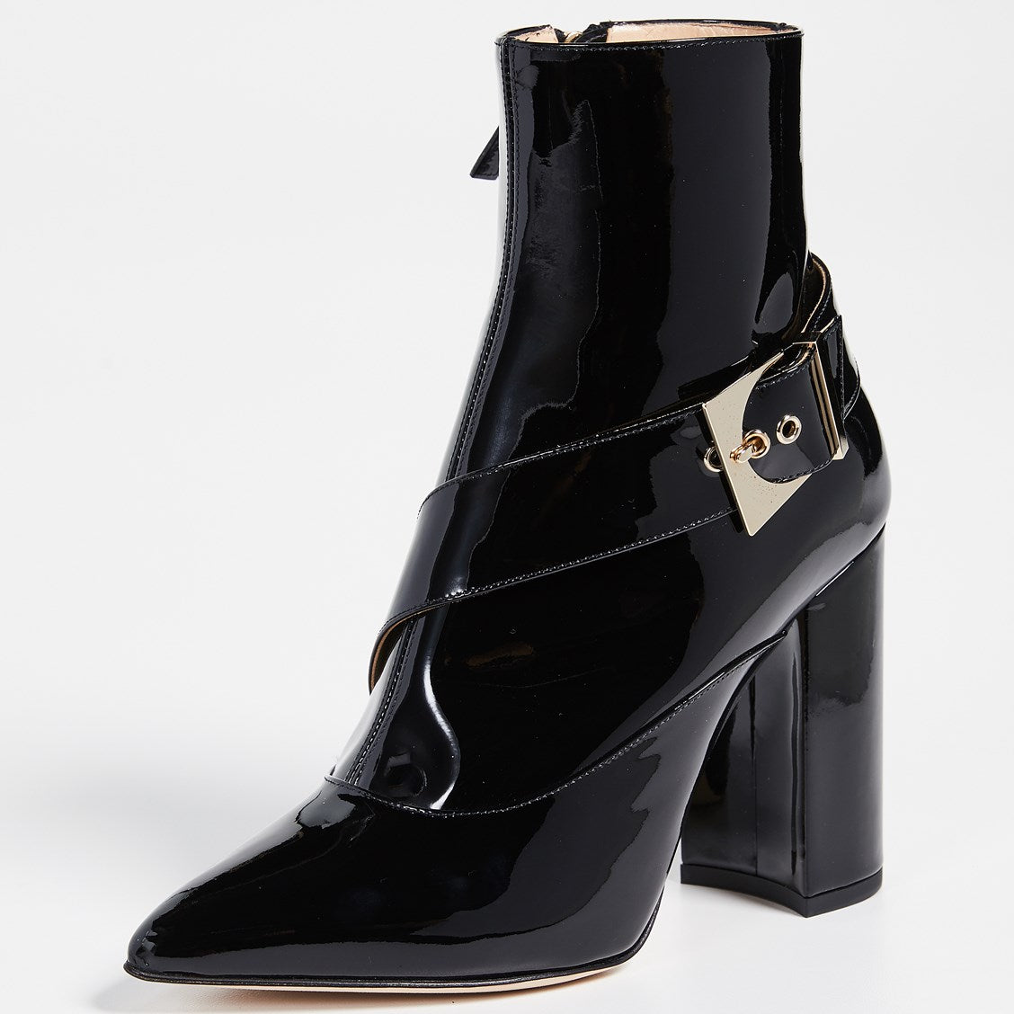 Black Patent Leather Buckle Strap Ankle Boots with Chunky Heels
