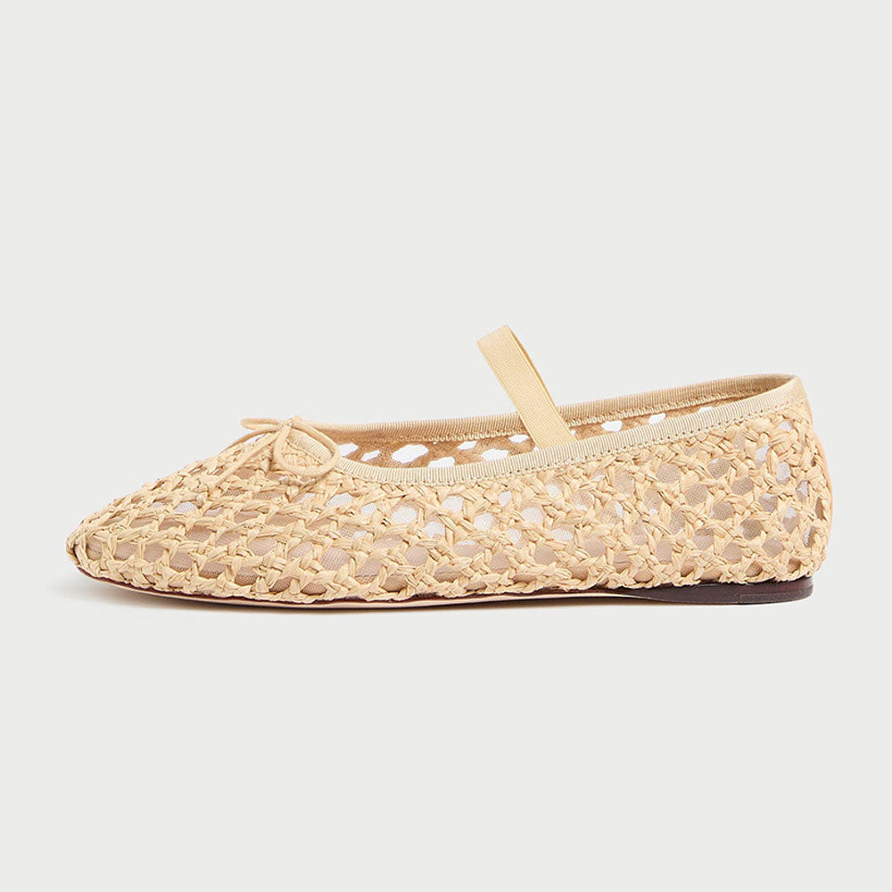 Beige Vegan Leather Round Toe Flat Woven Sophisticated Ballet Shoes