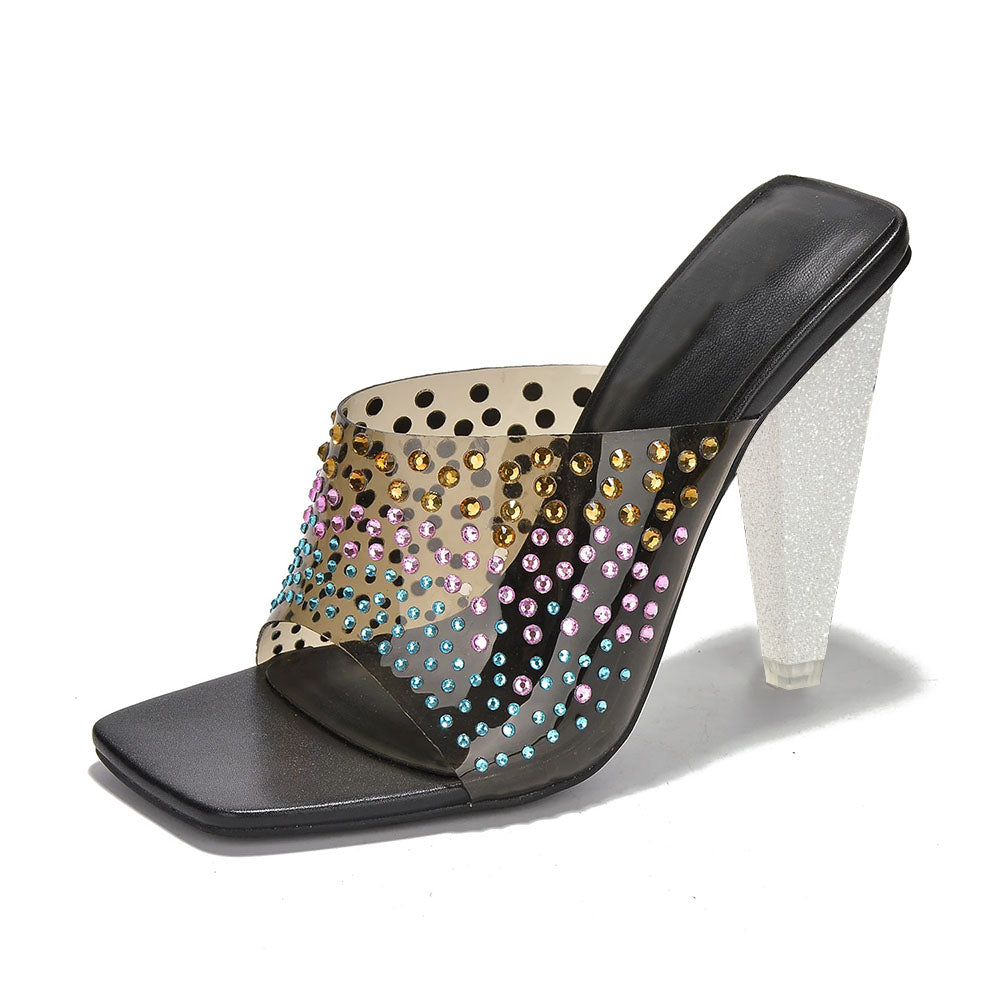 Black & Clear Square Toe 4'' Chunky Heel Rhinestone Wide Band Mules