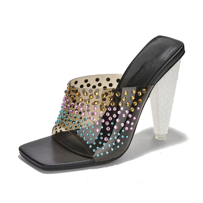 Black & Clear Square Toe 4'' Chunky Heel Rhinestone Wide Band Mules