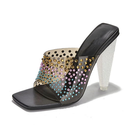 Black & Clear Square Toe 4'' Chunky Heel Rhinestone Wide Band Mules