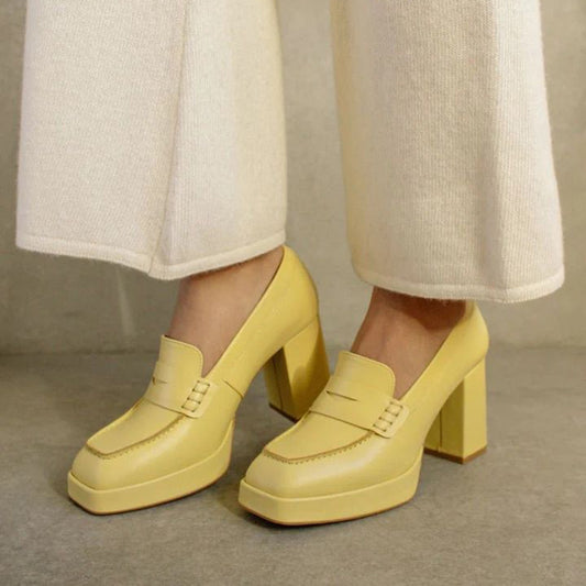 Stylish Yellow Square-Toe Block Heel Platform Penny Loafers for Women