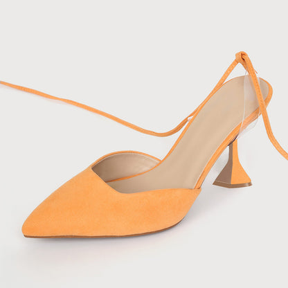 Yellow Faux Suede Pointed Toe Flared Heel Lace Up Pumps