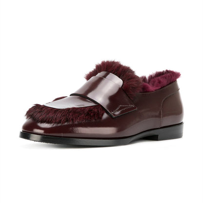 Burgundy Patent Leather Round Toe Faux Fur Flat Women's Loafers